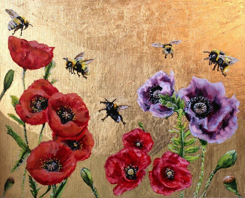 Red and Purple Poppies and Busy Bees  | Flowers