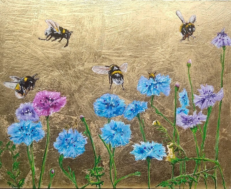 Golden Bees in Cornflower Wildflowers Heaven