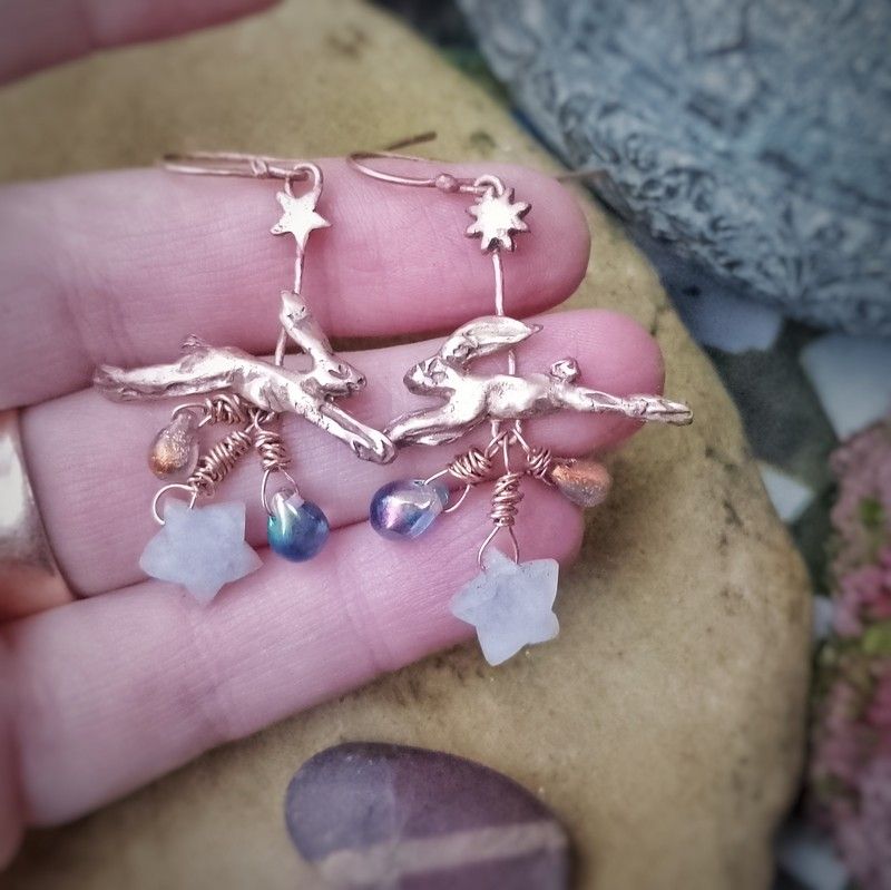 Running Hare in the Moonlit Starry Night Earrings