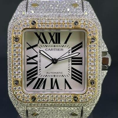 Cartier Santos 100 XL 18K Gold/Steel Full Custom Honeycomb Diamonds Set ICED OUT | B&P2013