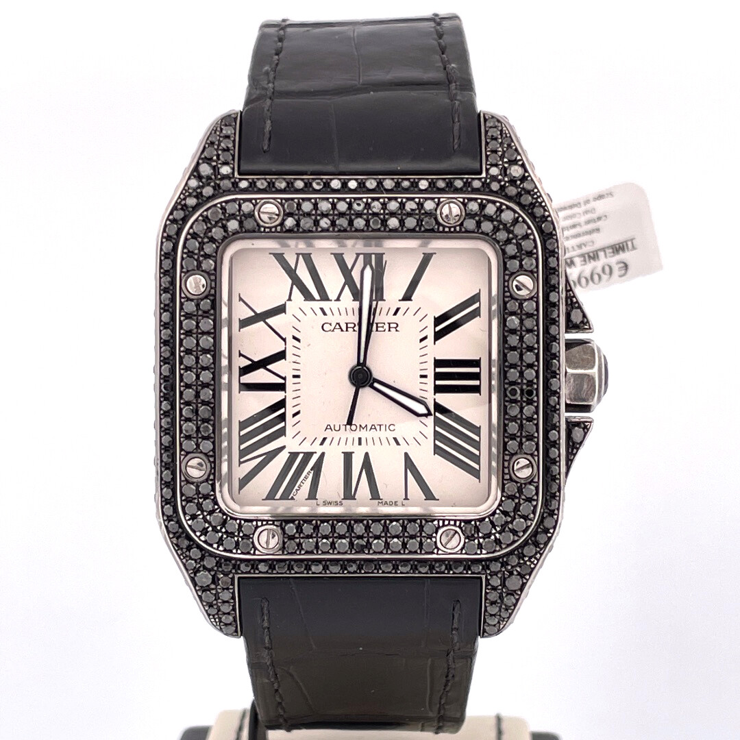 Cartier Santos 100 XL Steel 40MM Iced Out with Black Diamonds B&P2006 TOP Condition