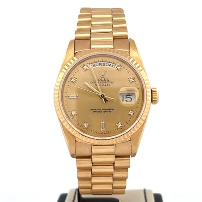 Rolex Day-Date 36MM 18K Yellow Gold Diamond Dial B&P 1989 Very Good Condition