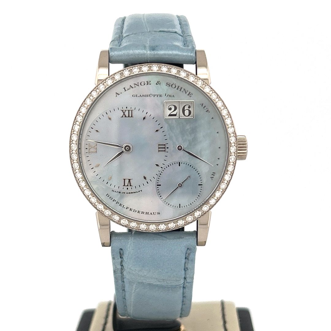 A. Lange &amp; Söhne Little Lange 1
“Queen of Night” 36 MM 18 KT White Gold MOP Dial Factory Diamond B&amp;P 2006