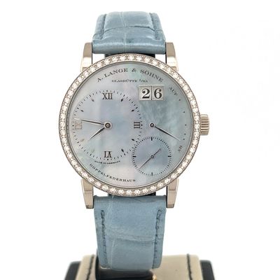 A. Lange &amp; Söhne Little Lange 1
“Queen of Night” 36 MM 18 KT White Gold MOP Dial Factory Diamond B&amp;P 2006