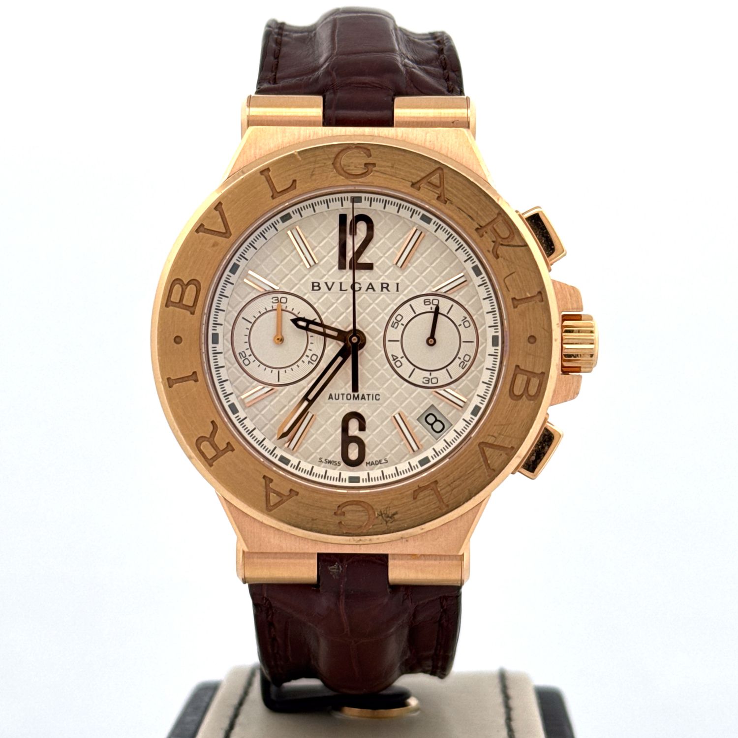 Bulgari Diagono Chronograph 40MM 18KT Rose Gold Silver Dial Leather Bracelet B&amp;P 2016