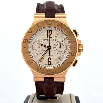 Bulgari Diagono Chronograph 40MM 18KT Rose Gold Silver Dial Leather Bracelet B&amp;P 2016