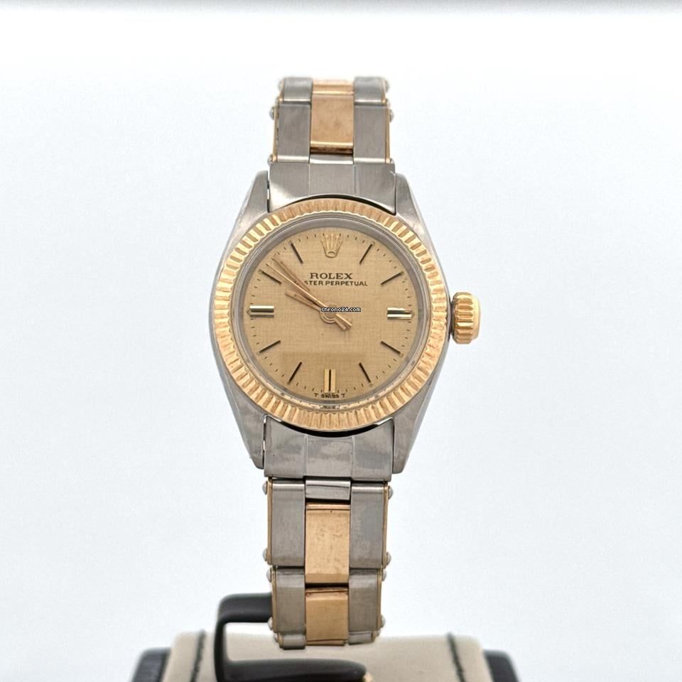 Rolex Oyster Perpetual 25MM | Gold Linnen Dial | 18K Yellow Gold/Steel | Riveted Oyster Bracelet