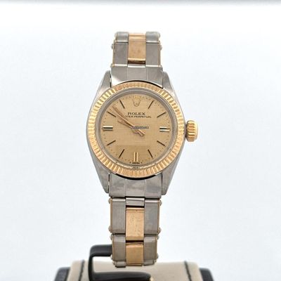 Rolex Oyster Perpetual 25MM | Gold Linnen Dial | 18K Yellow Gold/Steel | Riveted Oyster Bracelet
