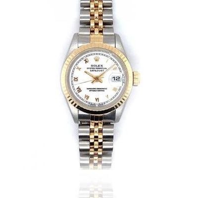 Rolex Lady-Datejust 26MM Yellow Gold/Steel | No Holes | Jubilee | Fluted Bezel White Roman Dial | B&amp;P2002 [ NO STRETCH ] Used (Very good) | Year of production 2004 | Original box | Original