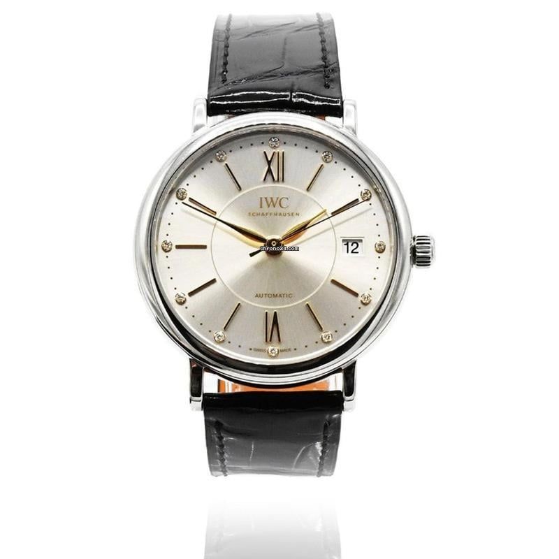 IWC Portofino Automatic Silver Diamond Dial / Steel 37MM Watch / B&amp;P2017 Incl extra Brown IWC Bracelet (Slightly Used) Used (Very good) | Year of production 2017 | Original box | Original papers