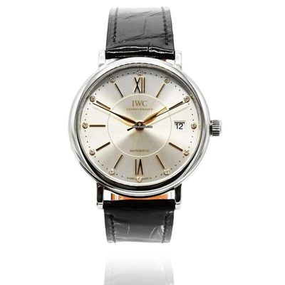 IWC Portofino Automatic Silver Diamond Dial / Steel 37MM Watch / B&amp;P2017 Incl extra Brown IWC Bracelet (Slightly Used) Used (Very good) | Year of production 2017 | Original box | Original papers