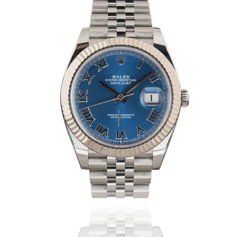 Rolex Datejust 41 41MM Steel White Gold Bezel / Blue Roman Dial / B&amp;P2019 Jubilee Bracelet/Fluted Bezel Used (Very good) | Year of production 2019 | Original box | Original papers