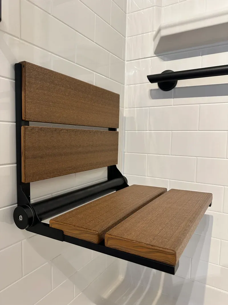 Bathcessories 18 Inch Natural Wood Grain Composite Fold Down Shower Seat