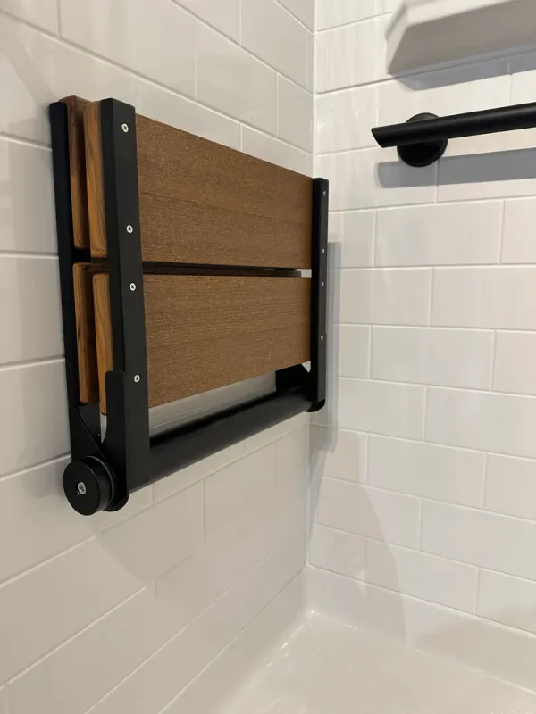 Bathcessories 18 Inch Natural Wood Grain Composite Fold Down Shower Seat