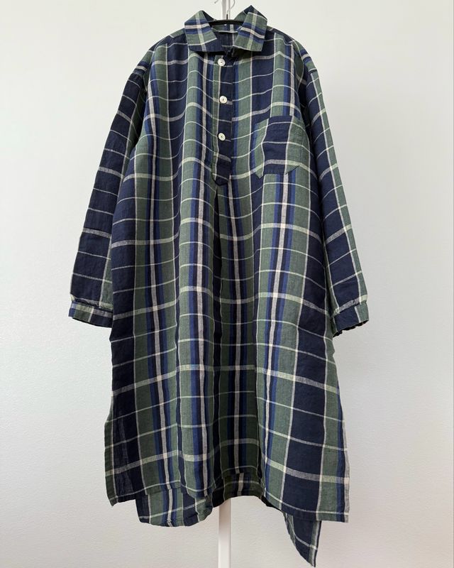 Washed Linen Chemise de Nuit (フリーサイズ) / Ecossais Marine Vert