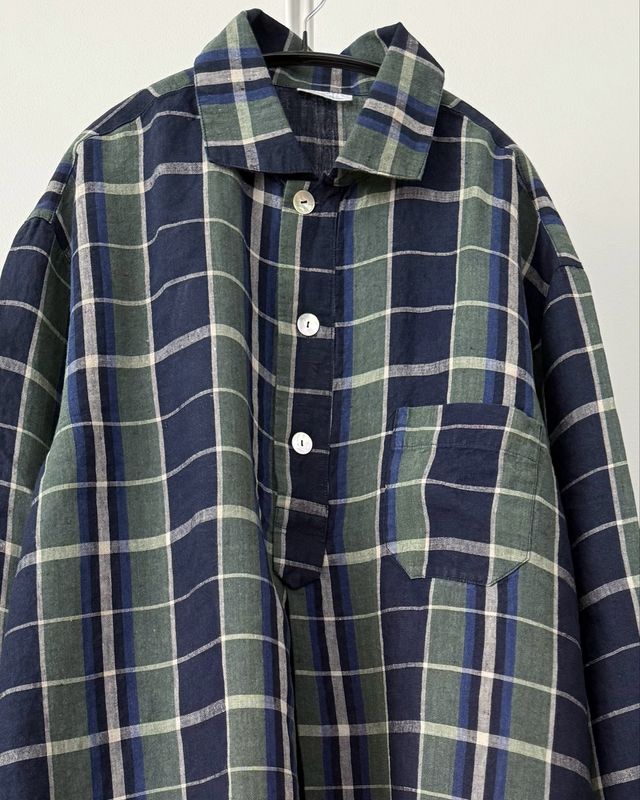 Washed Linen Chemise de Nuit (フリーサイズ) / Ecossais Marine Vert