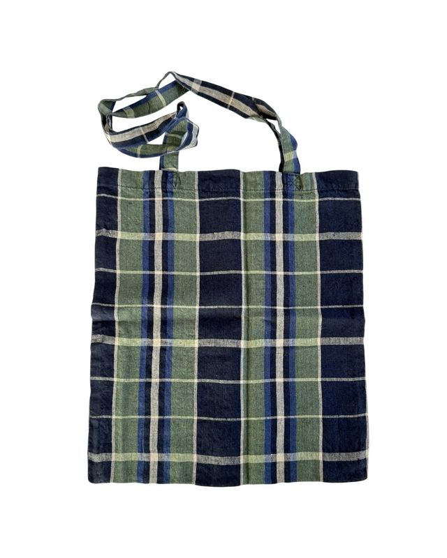 Washed Linen Totebag / Ecossais Marine Vert