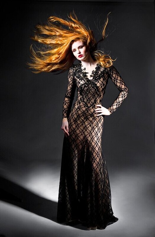 Embellished Gold and Black Stretch Lace Dress