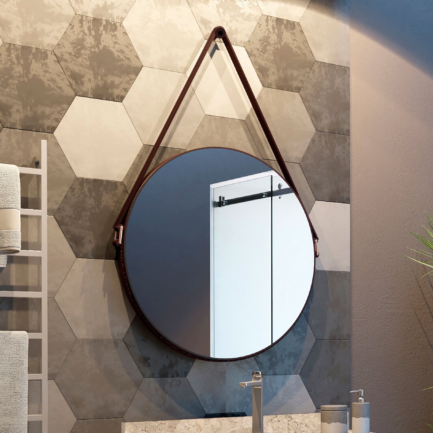 THAMES ROUND MIRROR W/ LEATHER STRAP BROWN