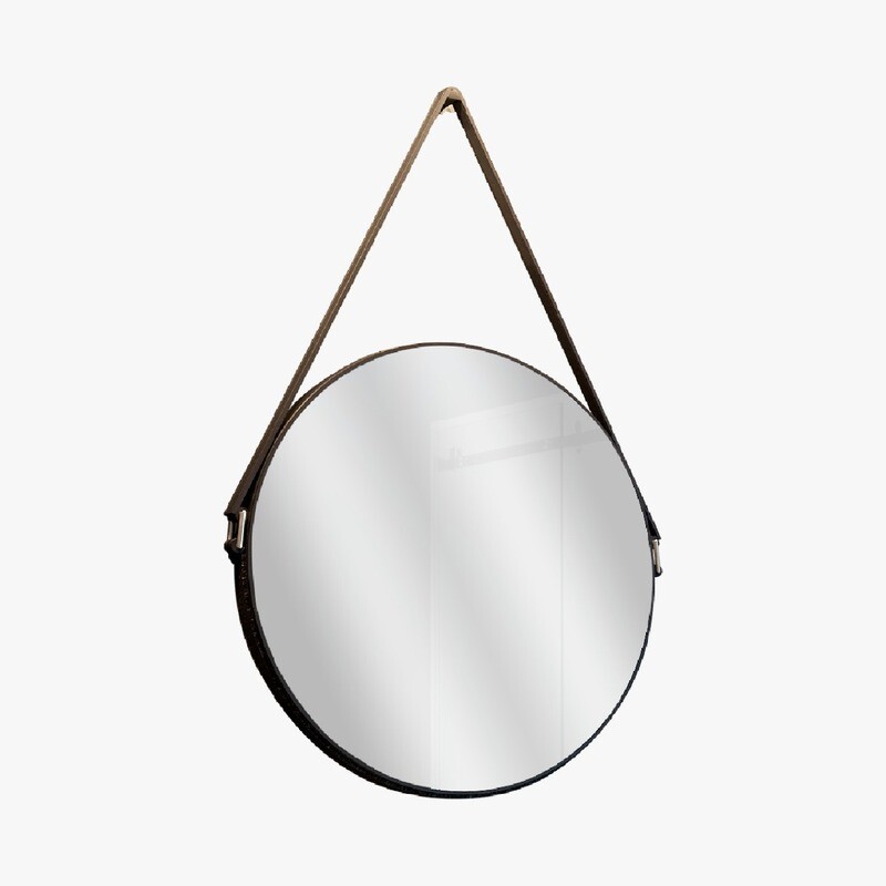 THAMES ROUND MIRROR W/ LEATHER STRAP BROWN
