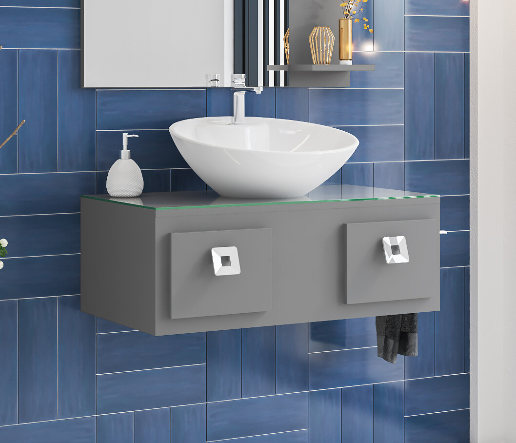 KASSANDRA VANITY GRAY W/ GLASS TOP