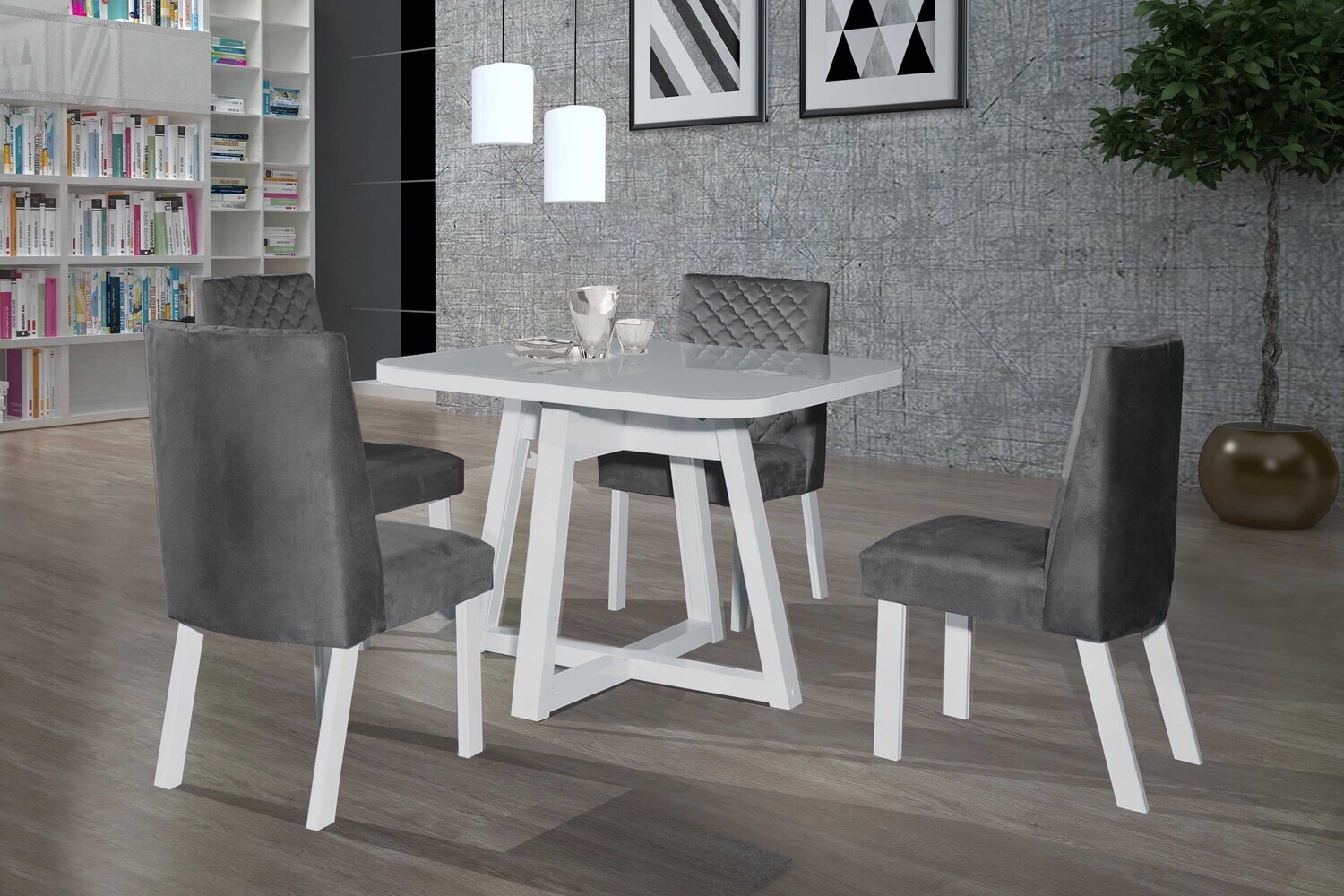 PITTSBURGH WHITE DINING SET 5-PCS, PITTSBURGH TABLE WHITE AND 4 PITTSBURGH CHAIRS WHITE/GRAY