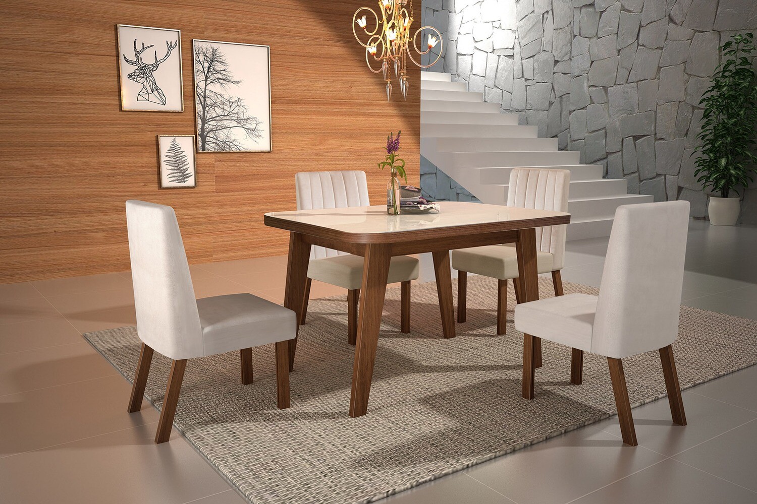 BERKELEY AMENDOA/OFF/SAND DINING SET 5-PCS, BERKELEY TABLE AMENDOA/OFF AND 4 BERKELEY CHAIRS AMENDOA/SAND