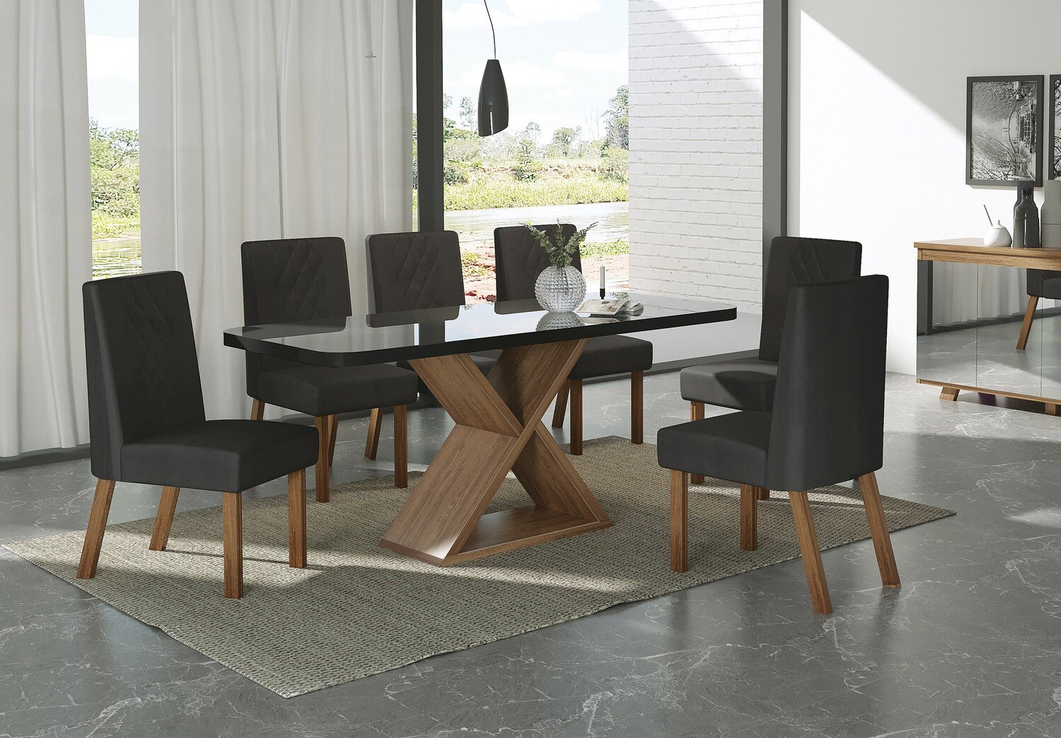 HAMPTON/AMENDOA/BLACK DINING SET 5-PCS, HAMPTON TABLE AMENDOA/BLACK AND 4 HAMPTON CHAIRS AMENDOA/BLACK