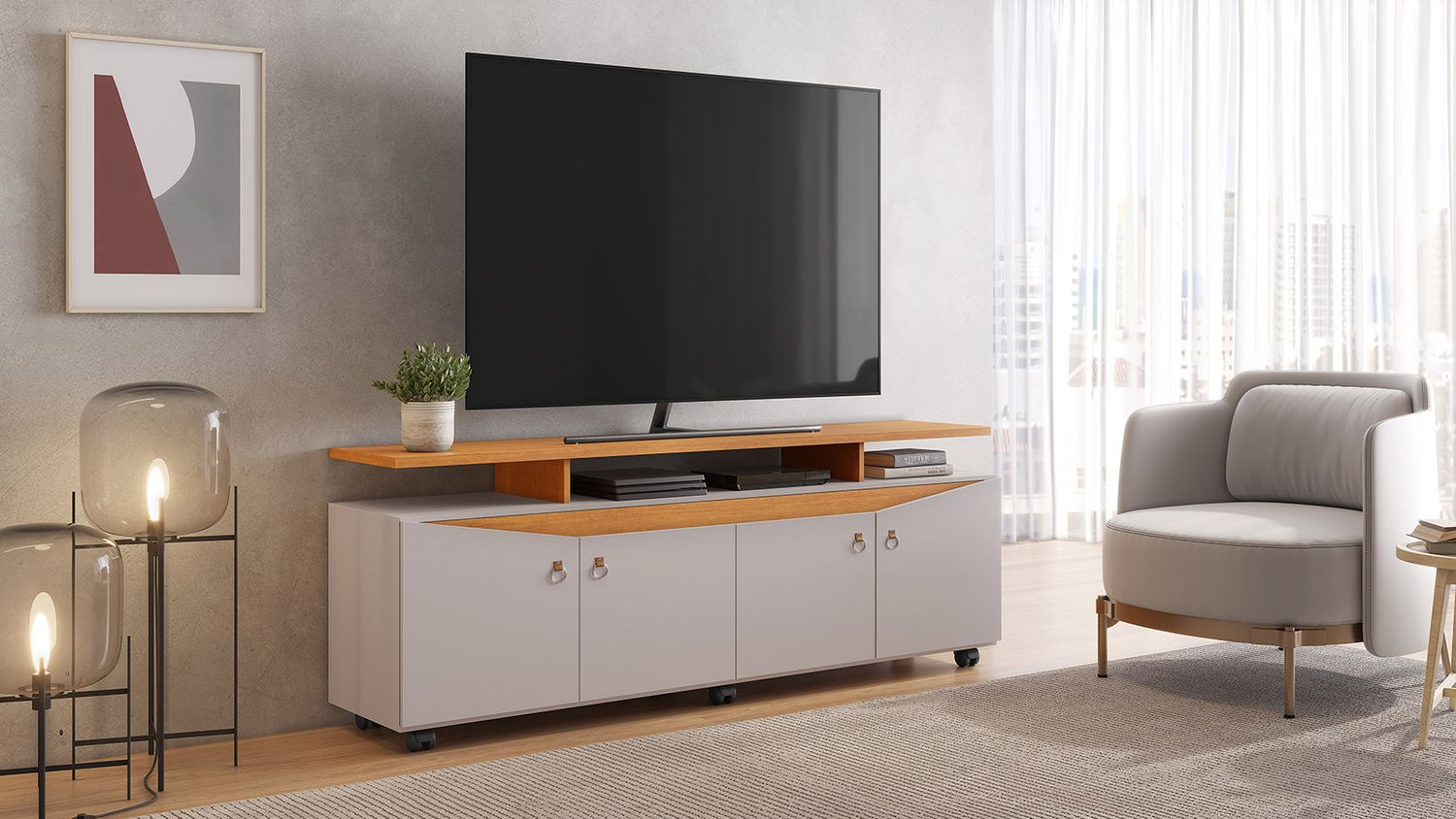 ISABELA TV STAND OFF WHITE/CINNAMON