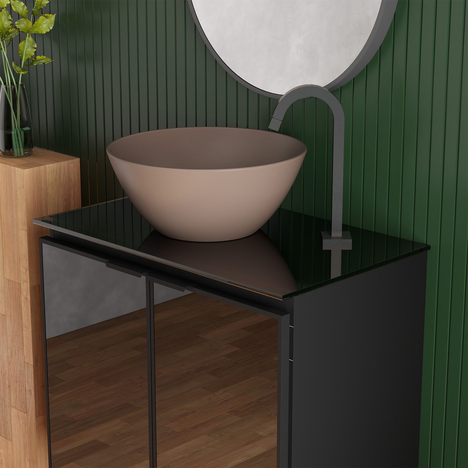 ANDROS 24 IN. WALL-MOUNT VANITY BLACK W/ GLASS DOORS + GLASS TOP