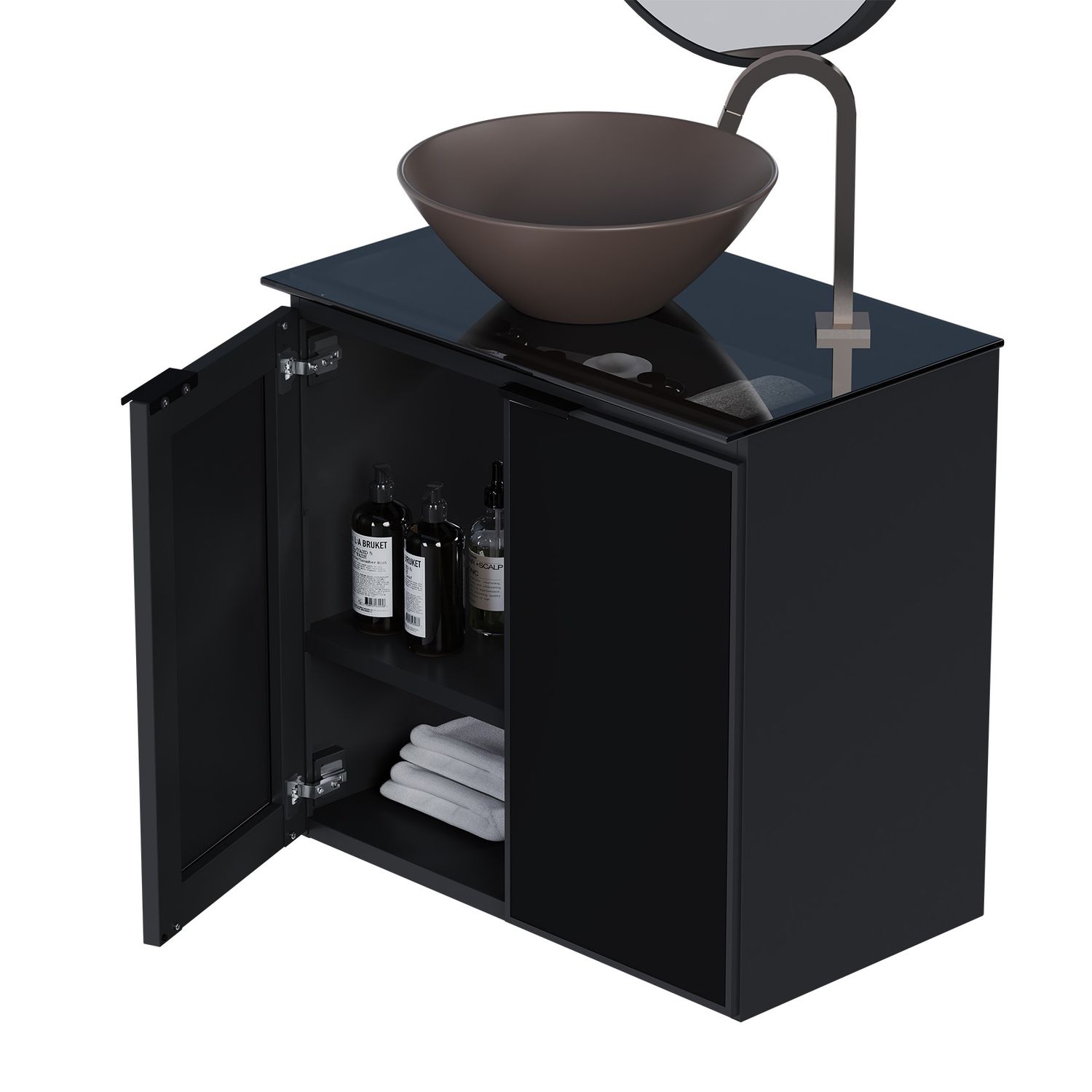 ANDROS 24 IN. WALL-MOUNT VANITY BLACK W/ GLASS DOORS + GLASS TOP