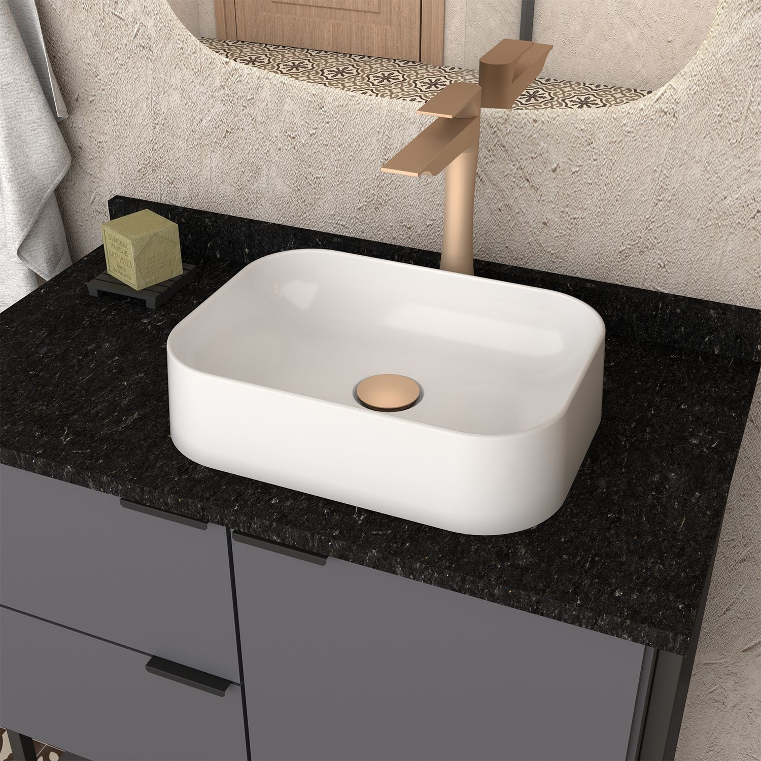 THASSOS CULTURED MARBLE RECTANGULAR VESSEL SINK WHITE