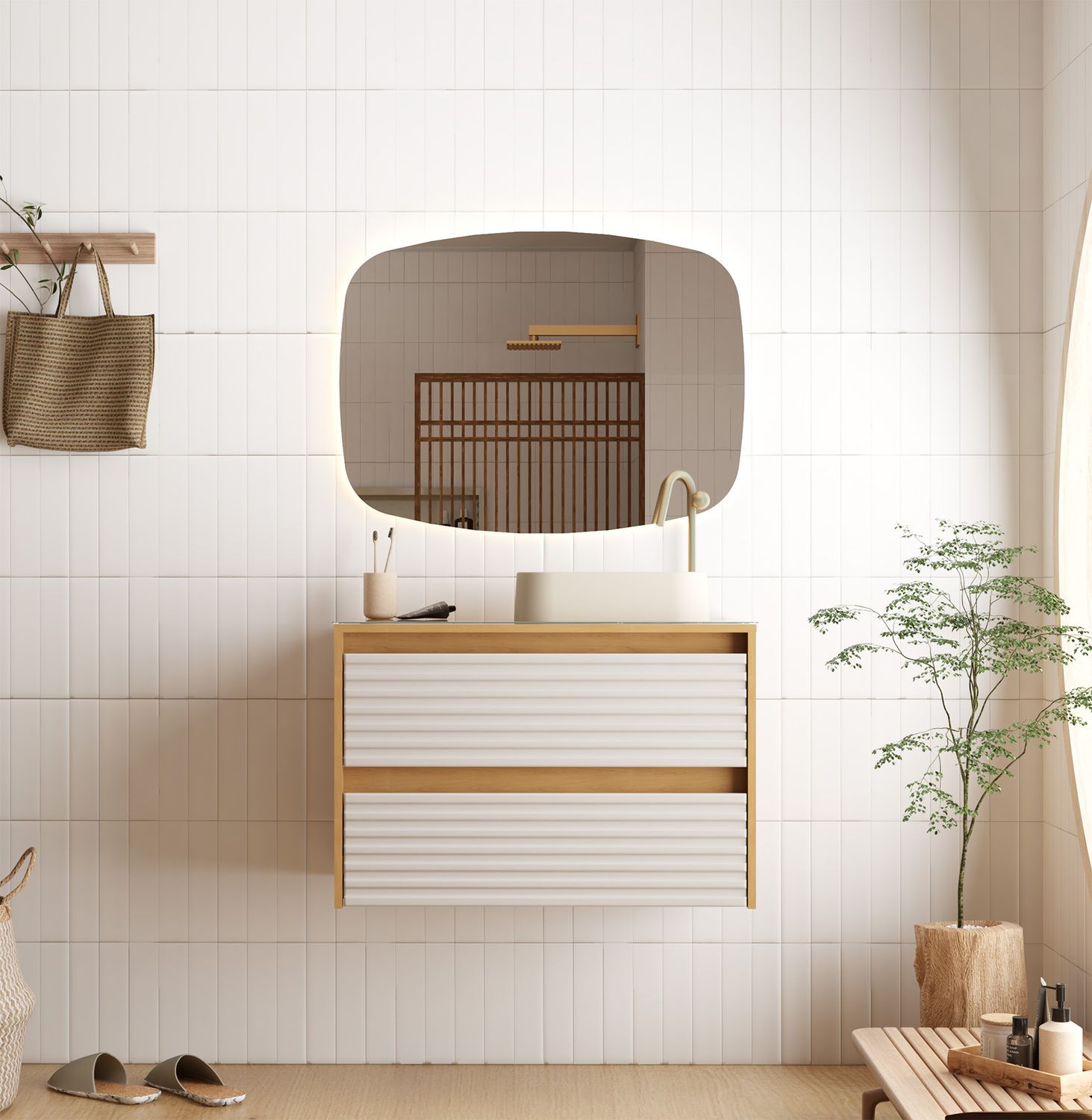 GIALOVA 32 IN. WALL-MOUNT VANITY OFF WHITE/AMBER + GLASS TOP