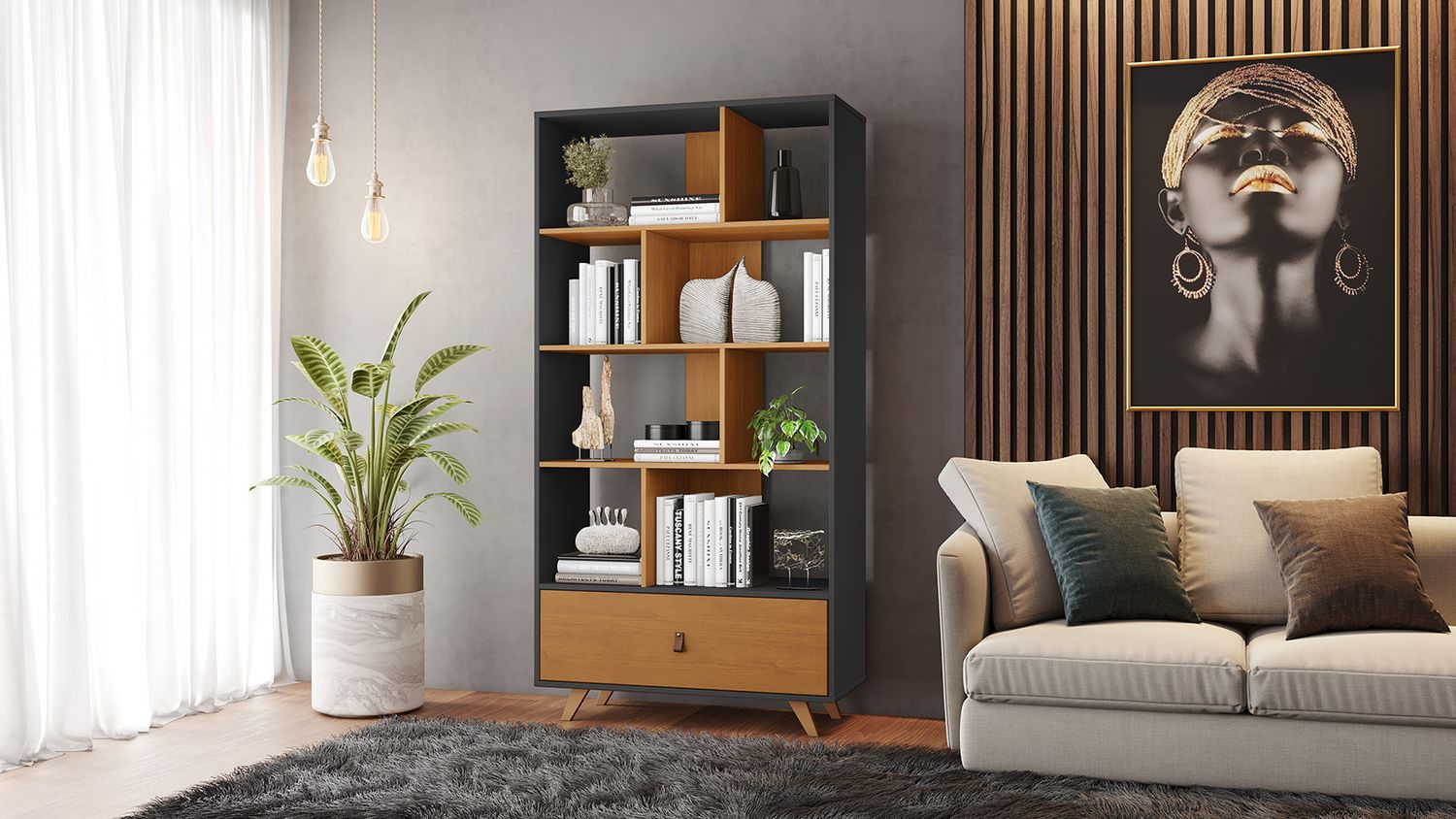 CLAREMONT BOOKSHELF GRAPHITE/CINNAMON