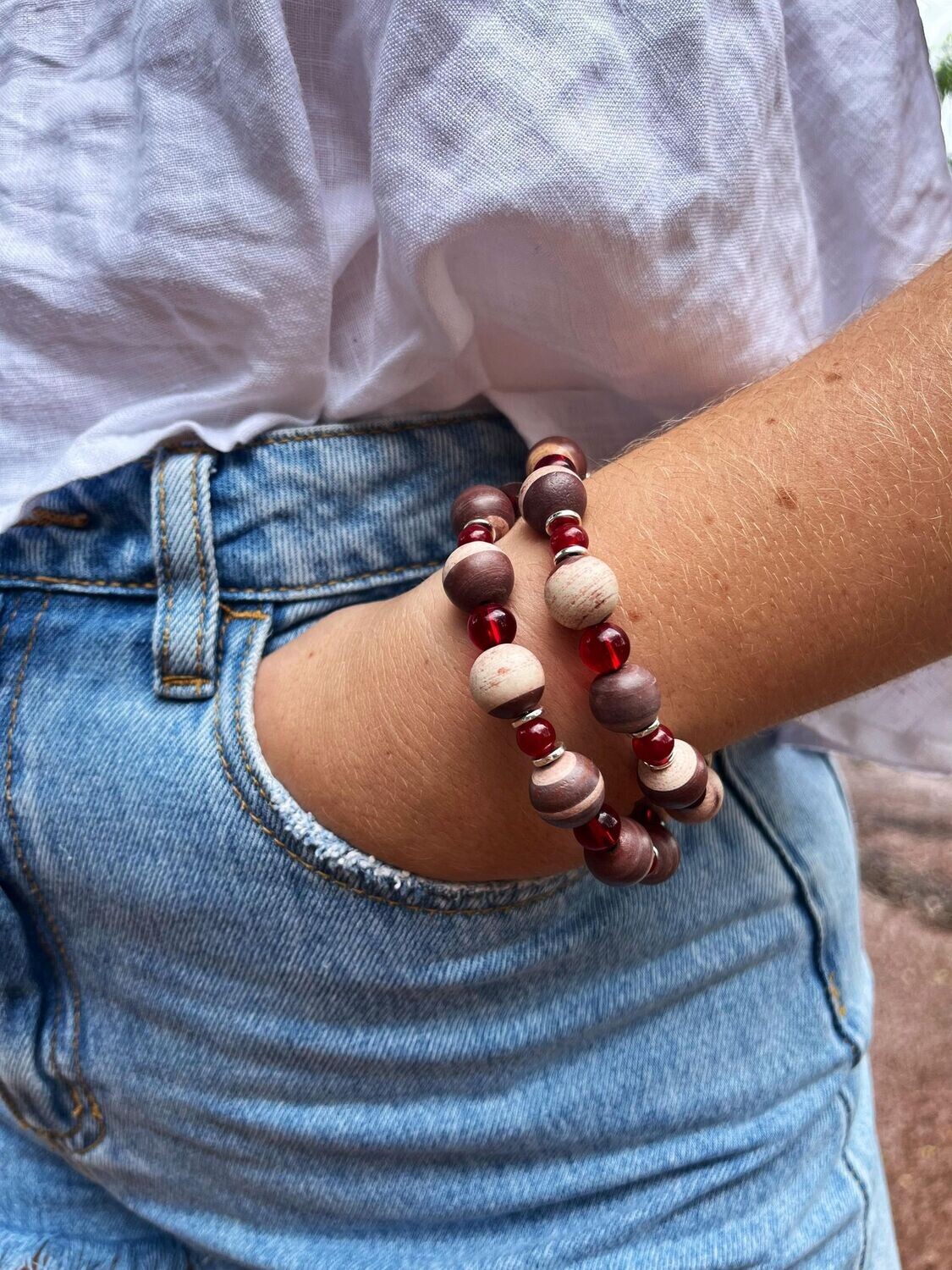 Okapi Stone and Resin bead Memory wire Bracelet