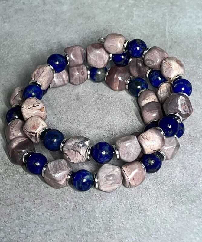 Ribbon Stone and Lapis Beads Memory Wire Bracelet