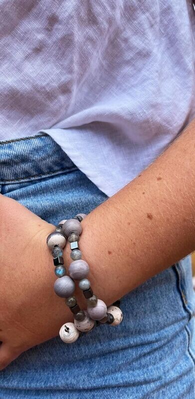 Ribbon Stone, Hematite & Gem Stone Bead Memory Wire Bracelet