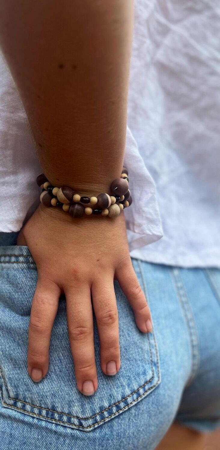 Okapi Stone and Wooden Beads Memory Wire Bracelet