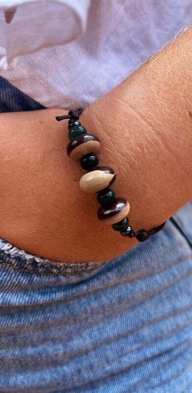 Adjustable Zebra Stone and Dark Green Glass Bead Bracelet