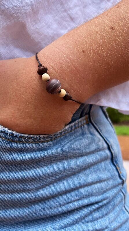 Adjustable Okapi Stone and Wooden Bead Bracelet