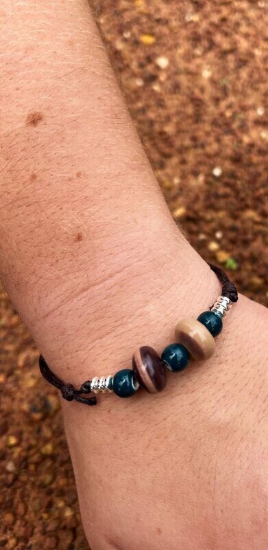 Adjustable Zebra Stone and green glass Bead Bracelet