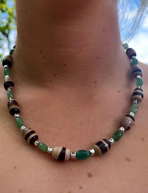 Zebra Stone, Chrysoprase and Silver Hematite Necklace