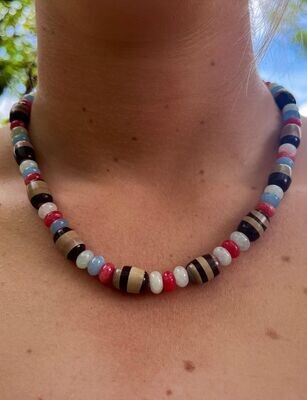 Zebra Stone and Coloured Crystal Bead Necklace
