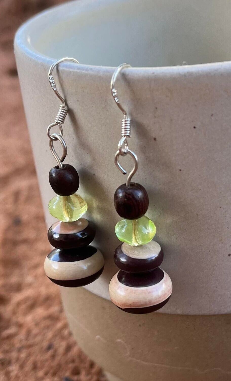 Zebra Stone, Green Crystal and wooden Bead Earrings