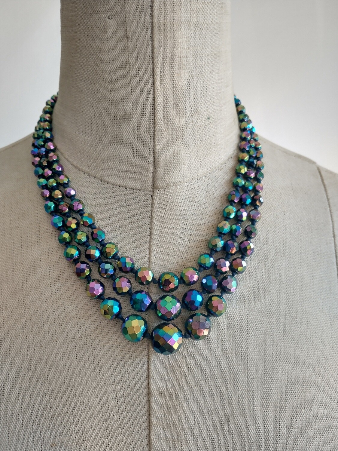 Austria vintage glass blue necklace faceted beads 3 row