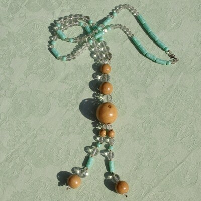 Extra Long Statement Necklace - Unique Design - Vintage Beads - Turquoise & Crystal