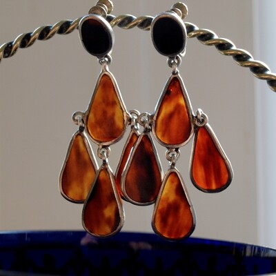 Large Vintage Solid Silver Faux Tortoiseshell Screw-On Dangly Earrings