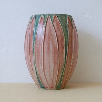Vintage Handmade Studio Pottery Vase in Salmon & Denim