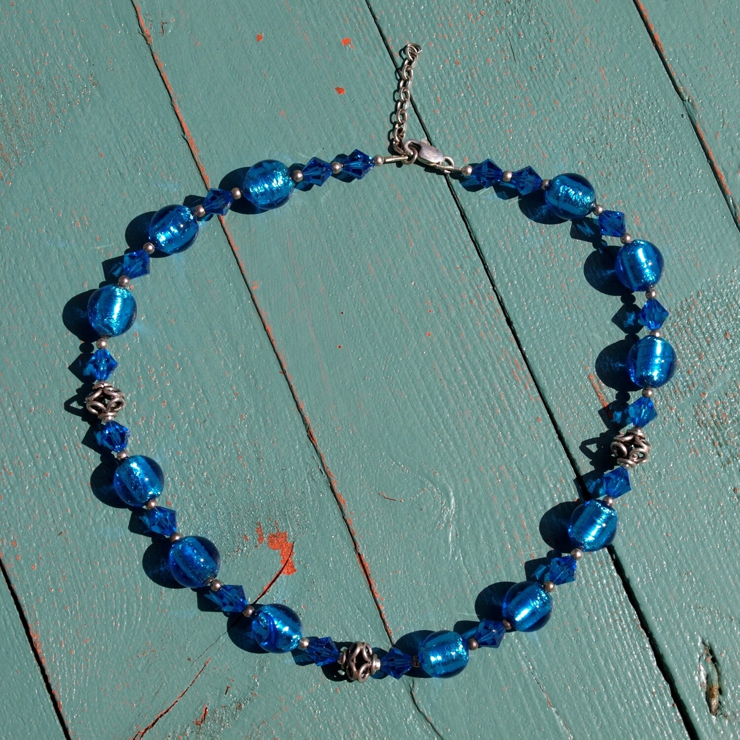 Ladies Blue Foil Glass Bead & Solid Silver Necklace