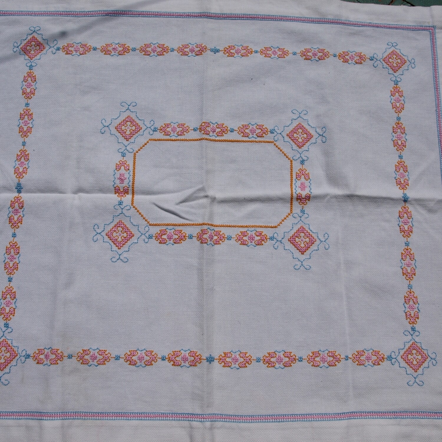 Vintage White Embroidered Cotton Rectangular Tablecloth 66cm x 57cm